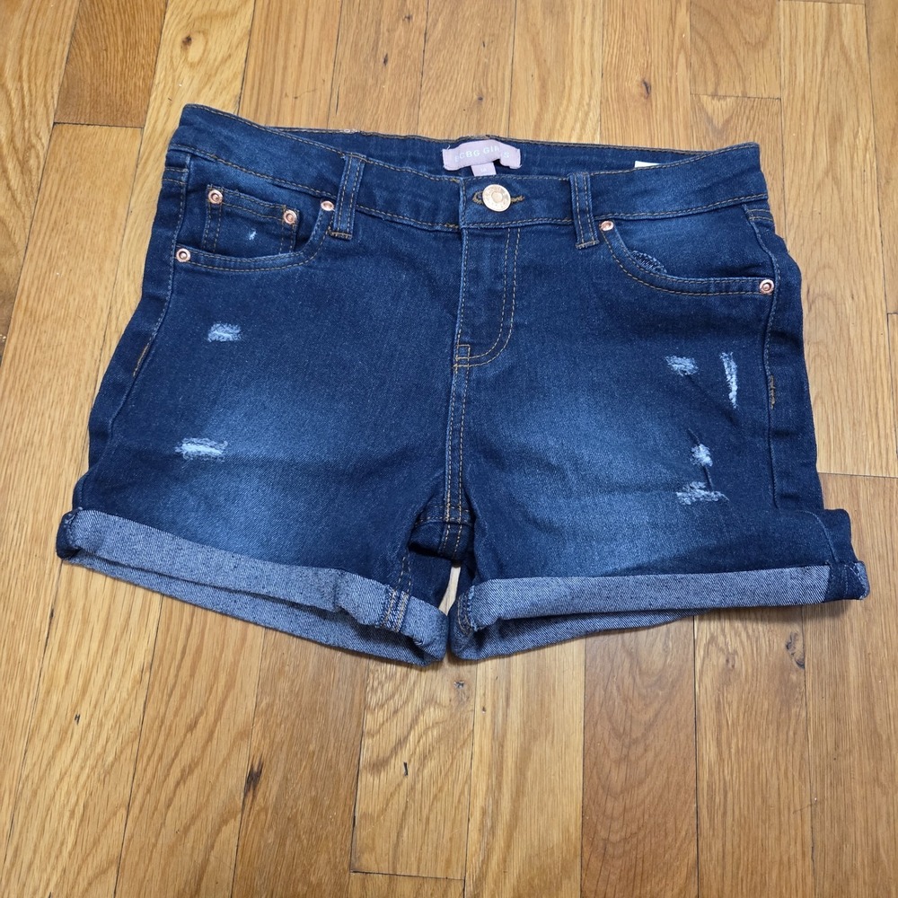 BCBG Girls Denim Shorts Size 14 Dark Wash Distressed Cuffed Stretch Jean Shorts